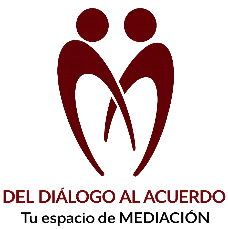 Logotipo de mediación con dos figuras abstractas formando un símbolo de diálogo y acuerdo junto al texto “Del Diálogo al Acuerdo. Tu espacio de Mediación”.
