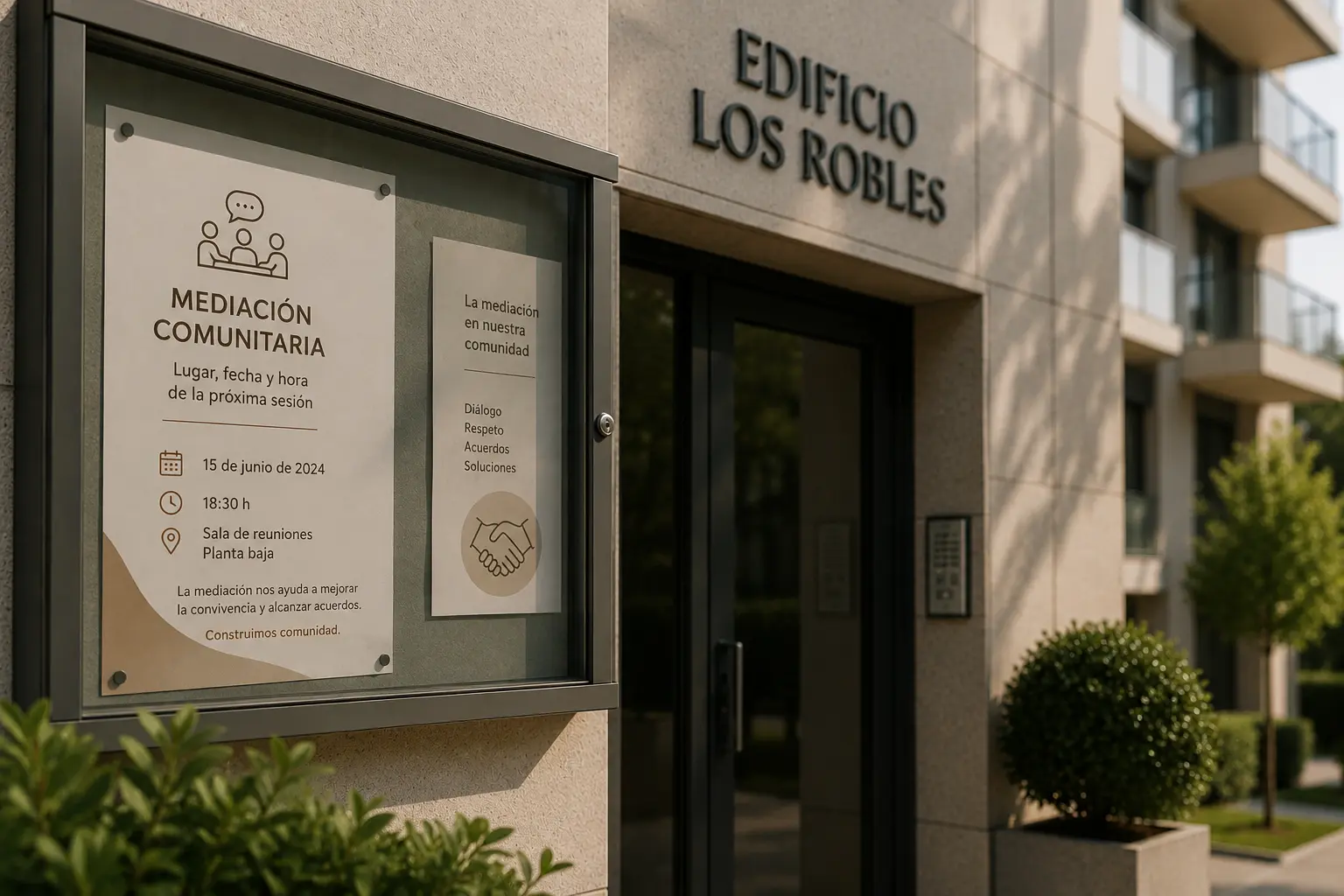 Cartel informativo de mediación comunitaria en la entrada de una comunidad de vecinos con información sobre una reunión vecinal y resolución de conflictos.