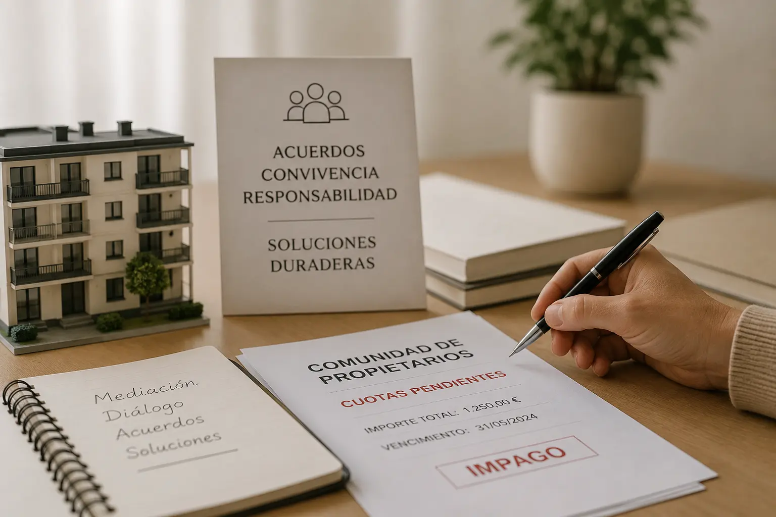 Documento de comunidad de propietarios con cuotas pendientes junto a elementos que representan mediación civil y resolución dialogada de conflictos en Salamanca.
