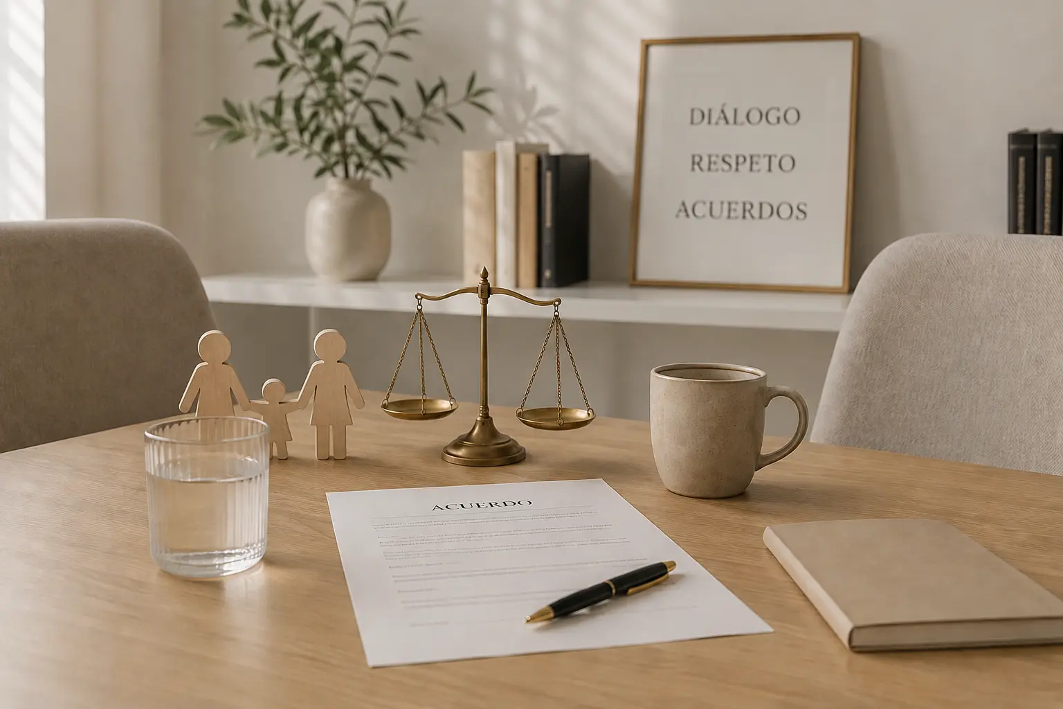 Mesa de mediación familiar en Salamanca con elementos que representan diálogo, acuerdos y protección del entorno familiar.