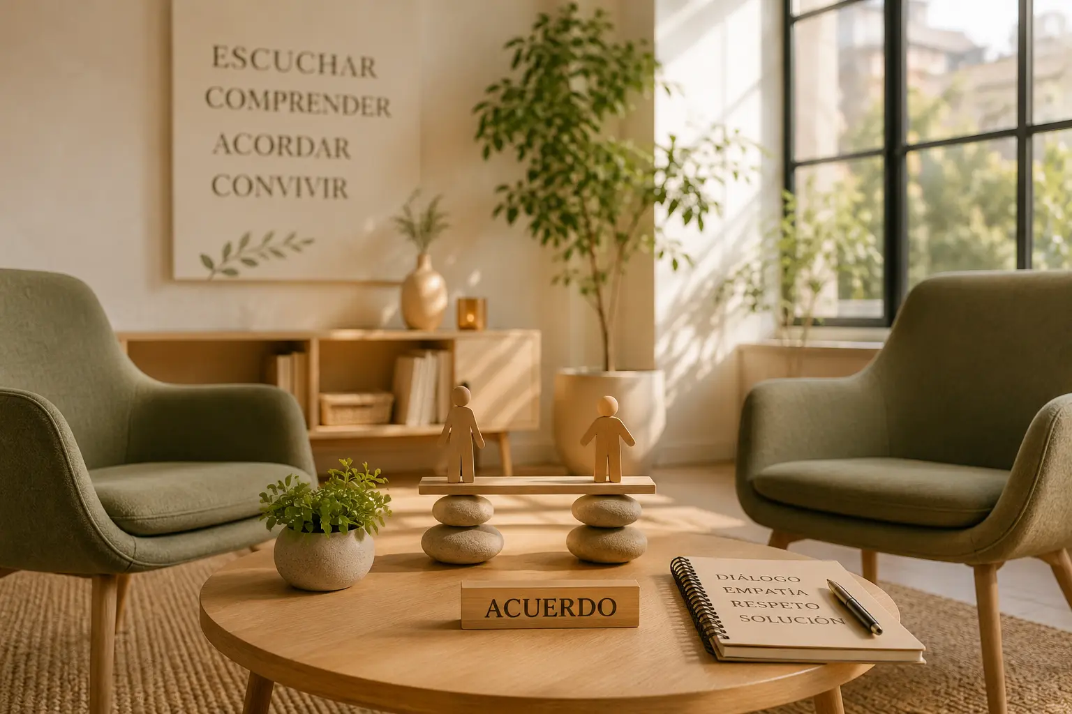 Espacio moderno de mediación y resolución de conflictos con ambiente cálido, natural y orientado al diálogo.
