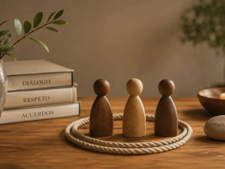 Símbolos de mediación representando diálogo, respeto y acuerdos en un entorno cálido y sereno.