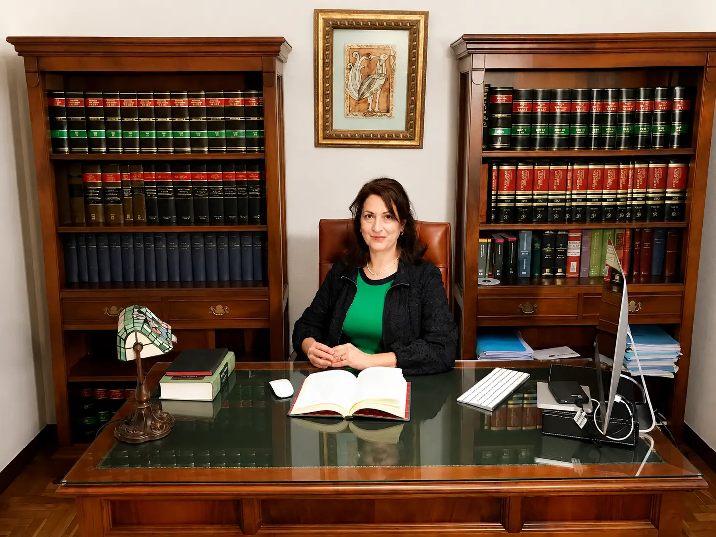Abogada sentada en un despacho jurídico con estanterías de libros legales al fondo y escritorio de madera en primer plano.